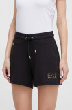 EA7 Emporio Armani pantaloni scurti femei, culoarea negru, cu imprimeu, high waist