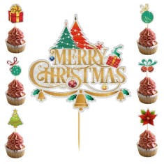 Set Toppere pentru Tort si Prajituri, Cyrax, Tematica Craciun, Model Mare Scris Merry Christmas 15.5x14.3 cm, 6 Toppere Mici Modele Variate 5x5 cm, Mu foto
