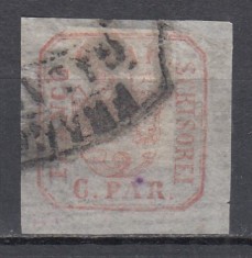 ROMANIA 1862 LP 9 PRINCIPATELE UNITE EMISIUNEA I - 6 PARALE CARMIN DESCHIS PE HARTIE VARGATA ORIZONTAL POINCON STAMPILA FRANCO GALATI