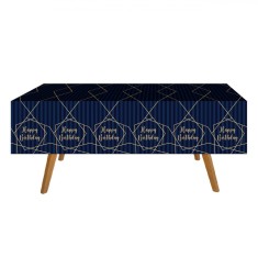 Față de masă Petrecere Plastic, Model Happy Birthday, Culoare Albastru Auriu, Dimensiuni 180x120cm, 1 Bucată