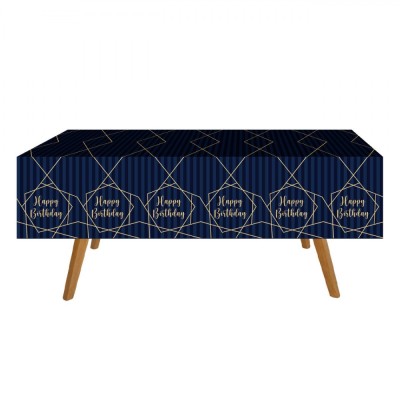 Față de masă Petrecere Plastic, Model Happy Birthday, Culoare Albastru Auriu, Dimensiuni 180x120cm, 1 Bucată foto