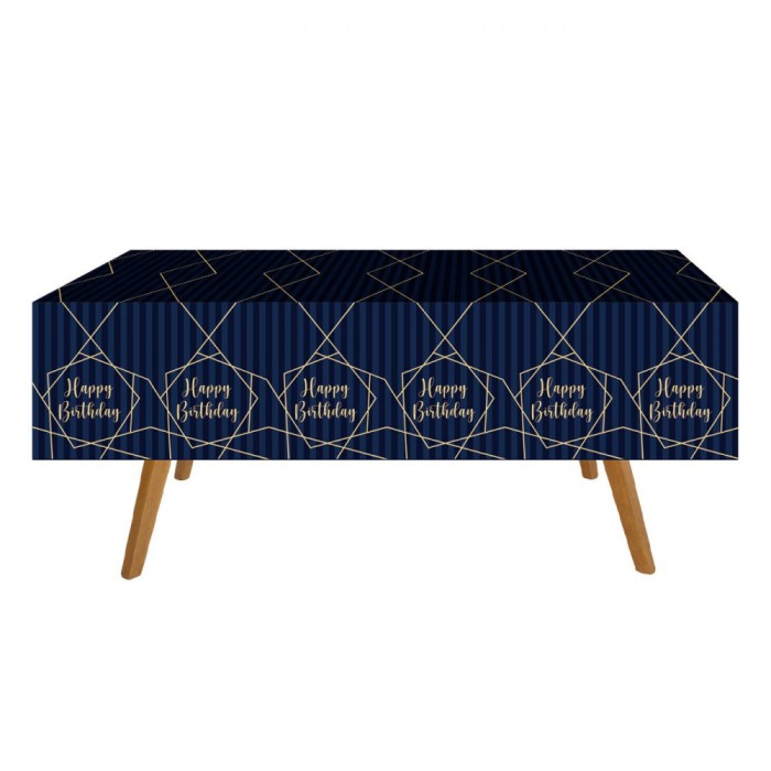 Față de masă Petrecere Plastic, Model Happy Birthday, Culoare Albastru Auriu, Dimensiuni 180x120cm, 1 Bucată