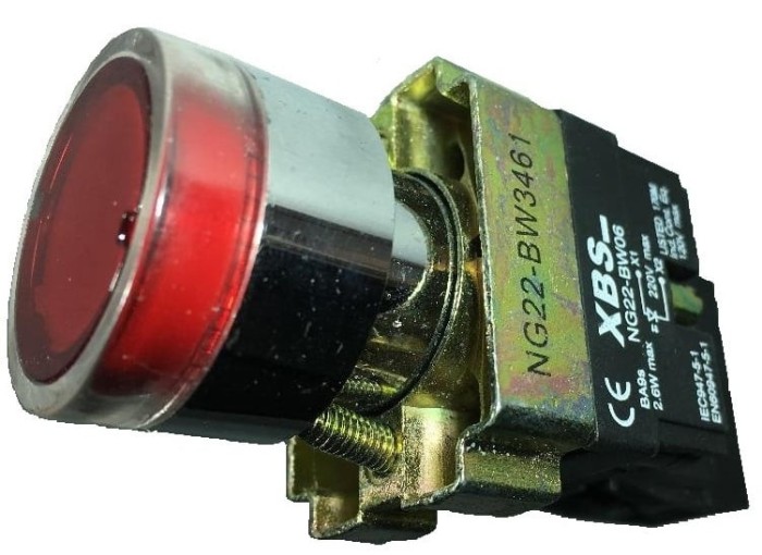 Buton rosu simplu iluminat cu revenire pentru tablouri electrice 1NC 6A 230V