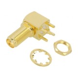 Soclu SMA mamă unghi 90&deg; 50&Omega; THT aurit alamă