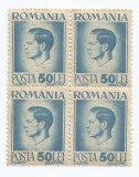 |Romania, LP 188/1945, Uzuale - Mihai I, hartie gri, bloc de 4 timbre, MNH, Nestampilat