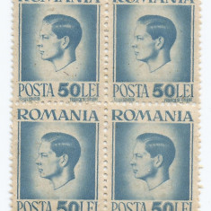 |Romania, LP 188/1945, Uzuale - Mihai I, hartie gri, bloc de 4 timbre, MNH