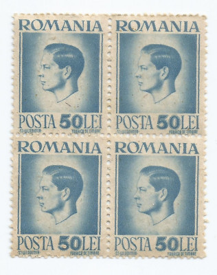 |Romania, LP 188/1945, Uzuale - Mihai I, hartie gri, bloc de 4 timbre, MNH foto