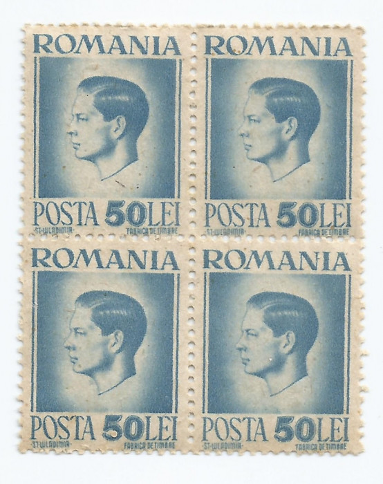 |Romania, LP 188/1945, Uzuale - Mihai I, hartie gri, bloc de 4 timbre, MNH