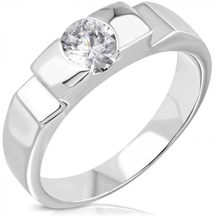Inel de logodnă cu centru proeminent și laterale cu crestături - Marime inel: 55