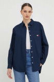 Tommy Jeans cămașă din bumbac femei, culoarea bleumarin, cu guler clasic, relaxed DW0DW17351