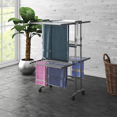 Gossi suport uscare rufe, 2 niveluri, cu roti, argintiu, 60x70x106 cm foto