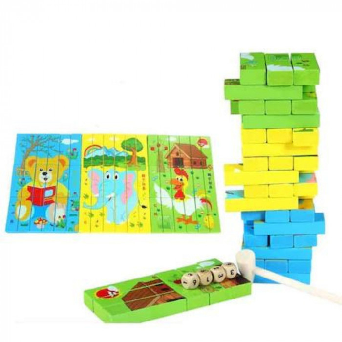 Joc 2 in 1 din lemn, Jenga si puzzle cu animale, multifunctional, multicolor, educativ