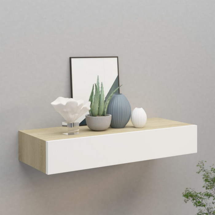 Gossi dulap de perete cu sertar, stejar si alb, 60x23,5x10 cm, mdf