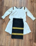 Costum popular fetita bumbac alb si fote negre cu dantela galbena, ie traditionala si fusta cu dantele, set complet etno serbare scoala artizanat