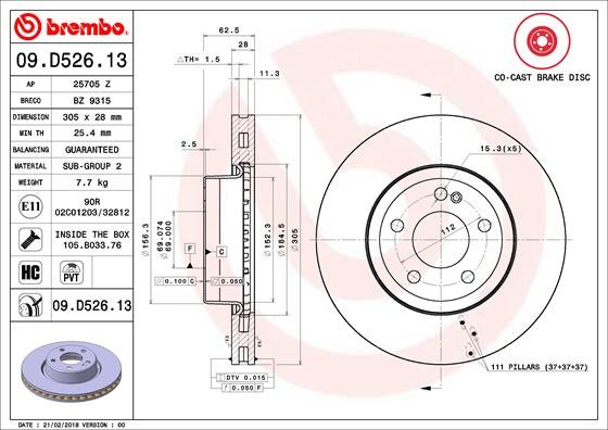 BREMBO 09.D526.13 PRIME LINE - Co-Cast Disc frana