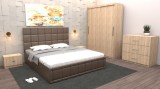 Dormitor Regal cu Pat Tapitat Maro imitatie piele cu dulap usi glisante Sonoma fara oglinda si cu comoda Tv