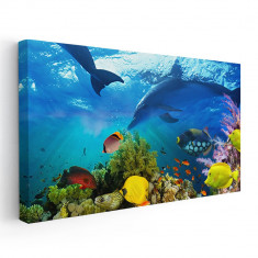 Tablou peisaj subacvatic rechini albastru 2146 Tablou canvas pe panza CU RAMA 40x80 cm