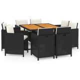 Set mobilier de gradina cu perne, 9 piese, negru, poliratan
