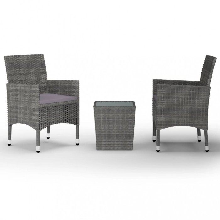 Set mobilier bistro, 3 piese, gri, poliratan/sticla securizata
