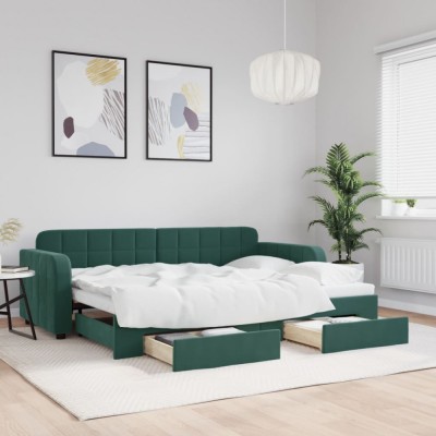 vidaXL Pat de zi cu extensie și sertare verde &amp;icirc;nchis 80x200 cm catifea 3196972 foto