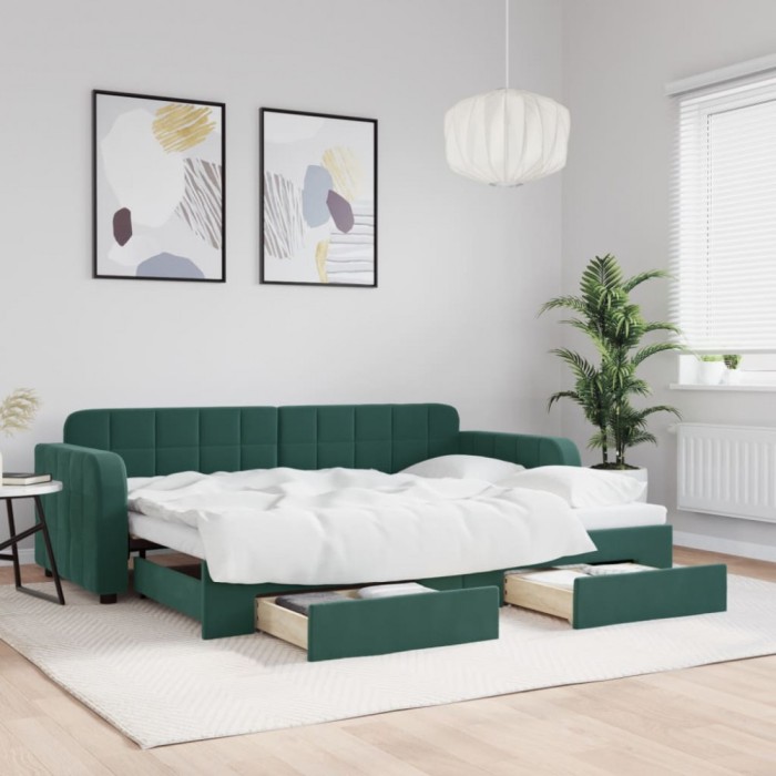 vidaXL Pat de zi cu extensie și sertare verde &icirc;nchis 80x200 cm catifea 3196972