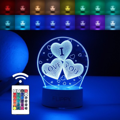 Lampa LED decorativa, Flippy, 3D, cu text I love you, doua moduri de alimentare USB si baterii, 20 cm inaltime, din material acril si lumina multicolo foto