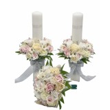 Set buchet si lumanari cu trandafiri si flori de cires din foita parfumata de sapun si plante naturale uscate - Alb Roz Crem