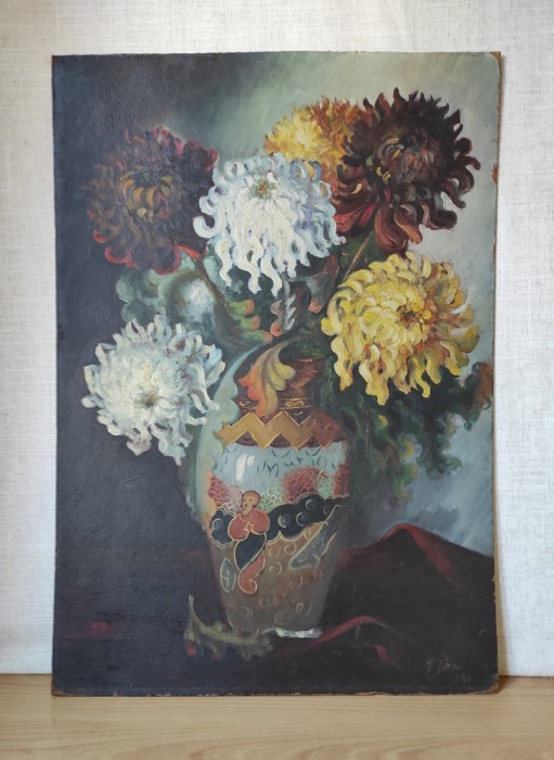 Tablou vechi, Crizanteme, ulei pe carton