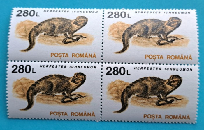 TIMBRE ROMANIA LP1318/1993 Animale (uzuale) -Bloc de 4 valoarea de 280 lei h&icirc;rtie cretată MNH