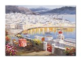 Cumpara ieftin Tablou pictat manual living, dormitor, Santorini, colt de rai, priveliste de pe terasa, 70x50cm ulei pe panza in cutit efect 3D