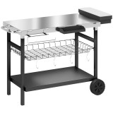 Outsunny Cărucior de grădină cu 3 niveluri, blat din inox, roți, c&acirc;rlige, coș detașabil, m&acirc;ner lateral, 114x61x81 cm, negru | Aosom Romania