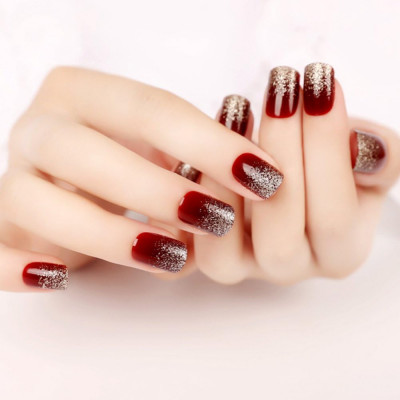 YAI Deep Burgundy Gradient Glitter Nails False Art Salon Manichiura Beauty Nail foto