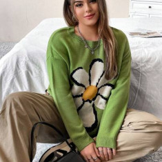 Pulover din tricot cu imprimeu floare, verde, dama, Shein