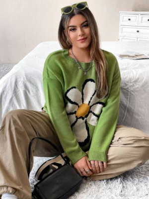 Pulover din tricot cu imprimeu floare, verde, dama, Shein foto