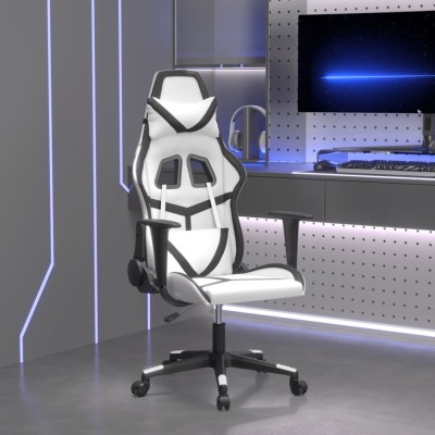 Scaun de gaming de masaj, alb și negru, piele ecologică foto