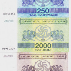 Bancnota Georgia 250, 2.000 si 3.000 Laris (1993) - P43-45 UNC ( set x3 )