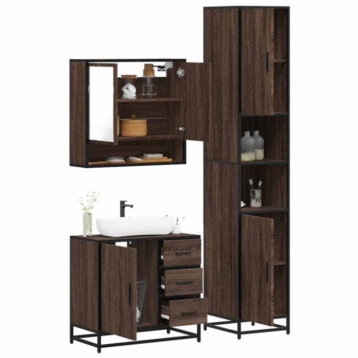 Gossi set mobilier de baie, 3 piese, stejar maro, lemn prelucrat