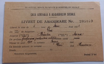 Livret de asigurare , 1934 foto