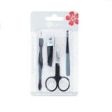 Cumpara ieftin Set Manichiura Pedichiura 4 Accesorii Otel Inoxidabil: Unghiera, Foarfeca, Penseta, Instrument Cuticule - Negru/Argintiu
