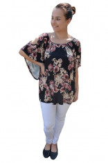 Bluza lejera Mira cu imprimeu floral,motive mini rose si decupaj la umeri,nuanta de negru foto