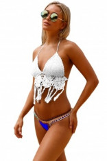 SW964-2 Costum de baie alb in doua piese, cu neopren si model crosetat foto