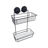 Etajera pentru baie, din metal, doua rafturi dreptunghiulare, prindere cu ventuza, negru mat, SV402B, 250 x 125 mm