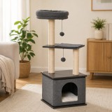 Cumpara ieftin Ansamblu de joaca pentru pisici, cu platforme, culcus si ciucuri, gri si bej, 40x40x104 cm