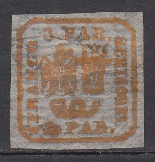 ROMANIA 1862 LP 8 PRINCIPATELE UNITE EMISIUNEA I - 3 PARALE PORTOCALIU INCHIS HARTIE VARGATA ORIZONTAL GUMA ORIGINALA SARNIERA