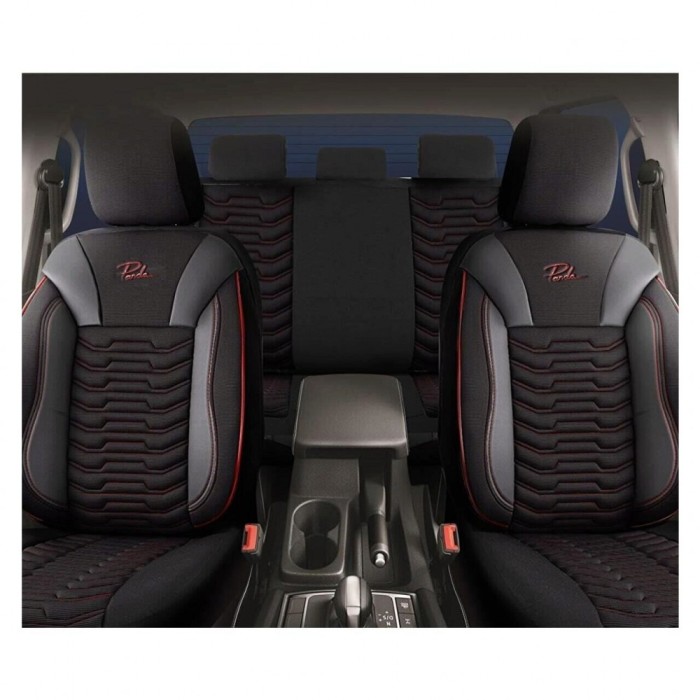Set Huse Scaune Auto pentru Daihatsu Charade - Panda Paris, Negru cu cusatura rosie, 11 piese