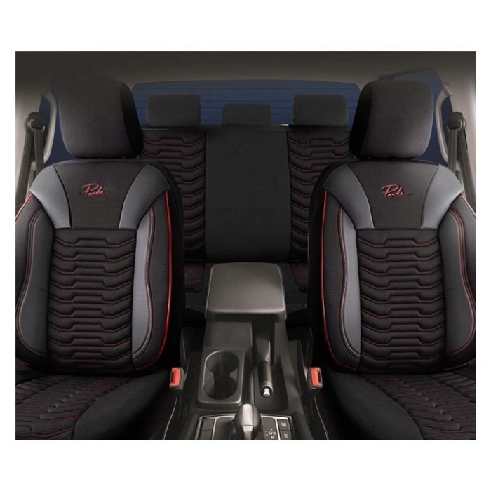 Set Huse Scaune Auto pentru Volvo V40 - Panda Paris, Negru cu cusatura rosie, 11 piese