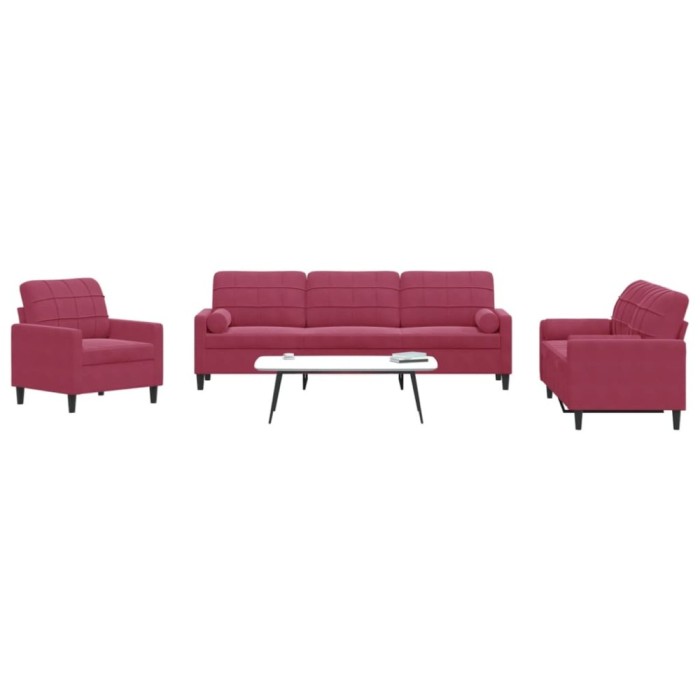 Set canapea cu perne/rulouri, 3 piese, roșu vin, catifea