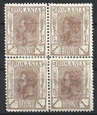 ROMANIA - 1895 CAROL I SPIC DE GRAU 1 BAN BLOC DE 4 MH* CU SARNIERA - FILIGRAN PR RANVERSAT