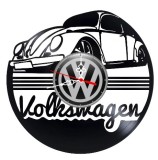 Ceas de perete decorativ realizat din disc de vinil, Model Volkswagen Broscuta si Scris Cursiv Retro, Negru, 30 cm