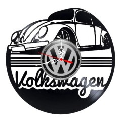 Ceas de perete decorativ realizat din disc de vinil, Model Volkswagen Broscuta si Scris Cursiv Retro, Negru, 30 cm